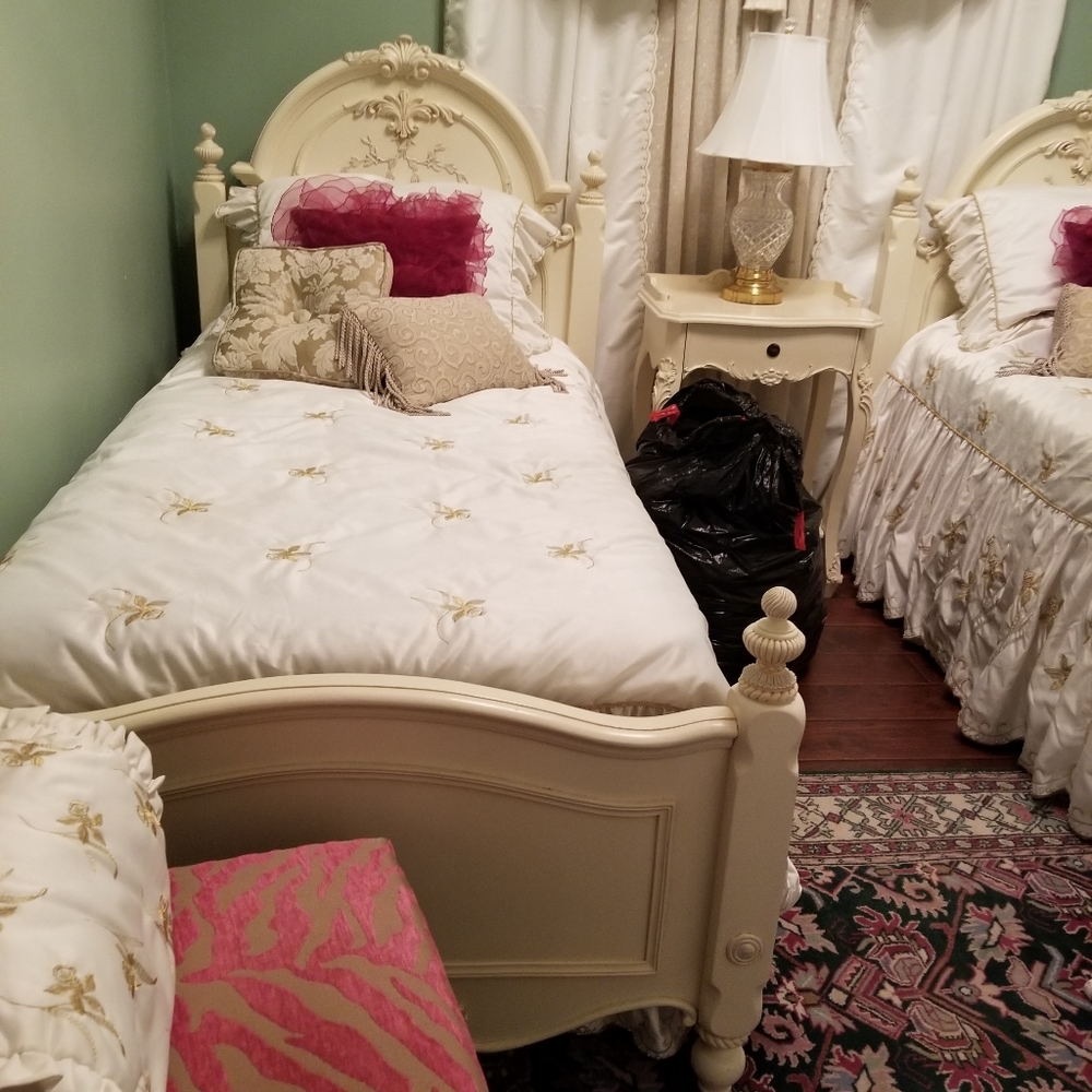 Two twin sized beds,Night stand, Chair, bookcase